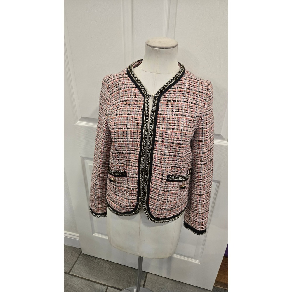 ZARA BASIC Tweed Jacket Womens Size S Pink‎ Black Chain Trim Blazer